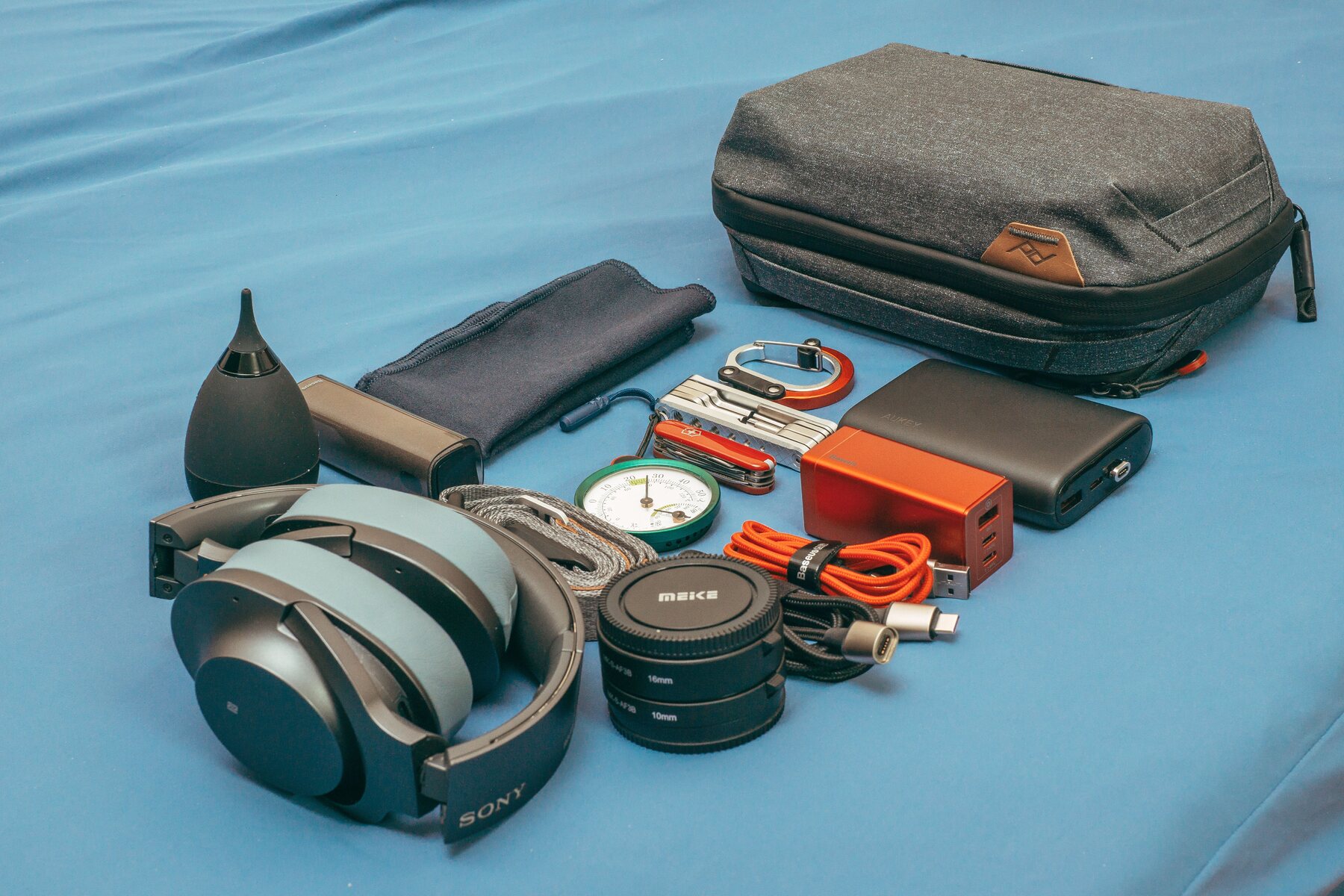 Headphones, chargers, camera gear, and travel accessories